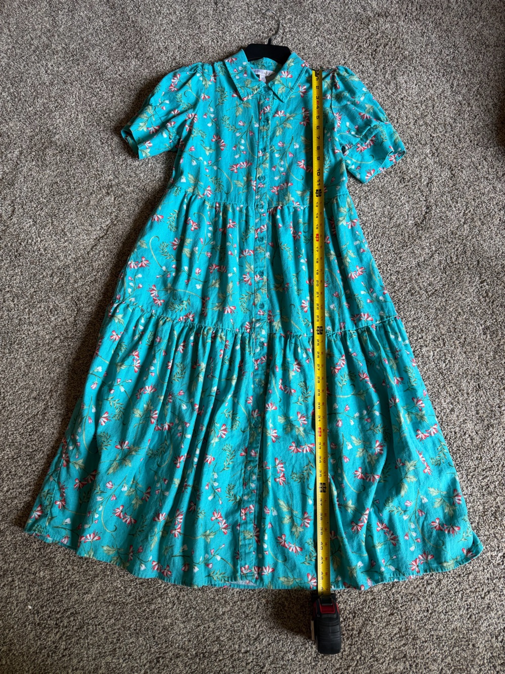 Turquoise Floral Collared Tiered Button Front Midi ShirtDress Pockets Linen Sz S - Picture 6 of 10